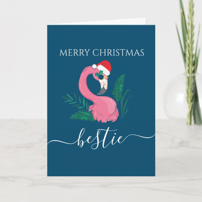 Bestie Merry Christmas   party flamingo Card (Front)