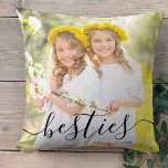 Besties 2 Photo Black Script Overlay  Cushion<br><div class="desc">Best friends photo pillow, personalised with your names. The photo template is set up for you to add your own pictures - one of the front and one on the back. The front has an elegant script overlay which simply reads "besties" whilst the back has your names in bold typography....</div>