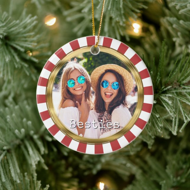 Besties 2 Photo Round with Red Stripes Ceramic Ornament (Tree)