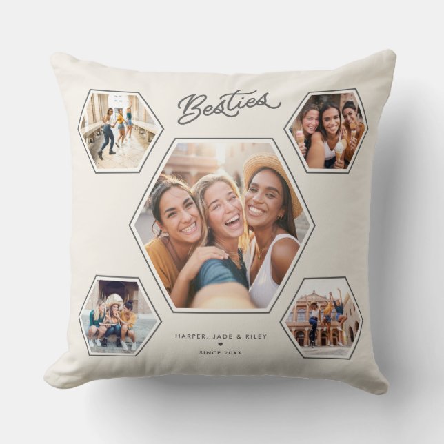 Besties 5 Photo Custom Collage Handwritten Script Cushion (Front)