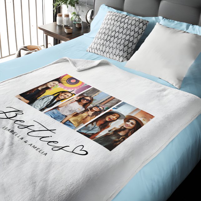 Besties BBF Photo Collage Script Heart Fleece Blanket (Creator Uploaded)