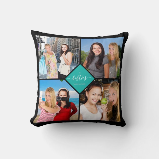 Besties Best Friends 4 Photo Collage Fun Teal Name Cushion (Front)
