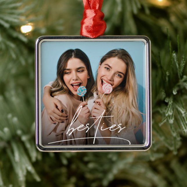 Besties  | Best Friends Typography Photo Metal Ornament (Tree)