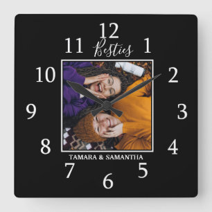  Besties BFF Photo Best Friend Name Black Square Wall Clock