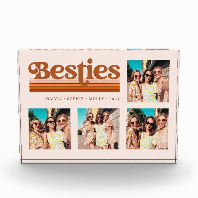 Besties | Boho Retro Terracotta Text and Stripes Photo Block (Front)