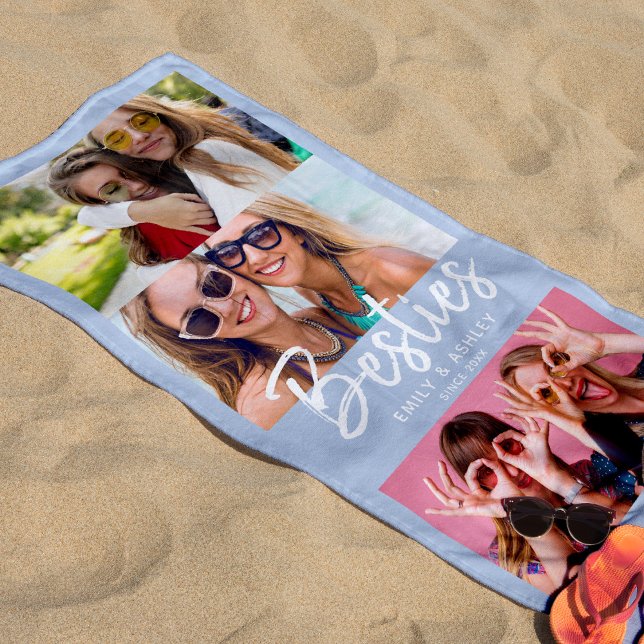 Besties Custom Photo BFF Friends Modern Fun Blue Beach Towel (Creator Uploaded)