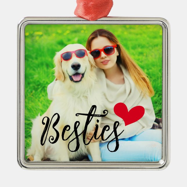 Besties Cute Dog Mum Red Heart Photo Metal Ornament (Front)