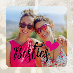 Besties Cute Hot Pink Heart Photo Metal Tree Decoration