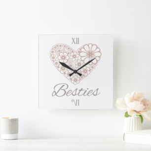 Besties Floral Neutral Heart, Friendship Gift Square Wall Clock