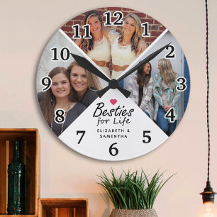 Besties For Life Modern Pink Heart Friends Photo   Round Clock