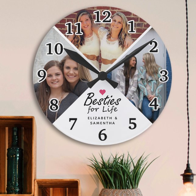 Besties For Life Modern Pink Heart Friends Photo   Round Clock (Creator Uploaded)