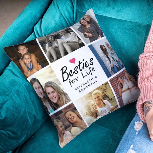 Besties For Life Script Best Friends Photo Collage Cushion (Creator Uploaded)