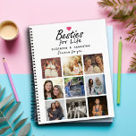 Besties for Life Script Best Friends Photo Collage Notebook<br><div class="desc">Celebrate your unbreakable bond with our "Besties for Life Script Best Friends Photo Collage Notebook." This design features the heartfelt quote "Besties for life" in elegant script typography with a small hot pink heart icon on top. Customise it with your names, and below the quote, personalise a 9-photo collage of...</div>