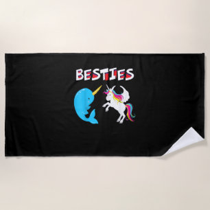 Besties Funny Unicorn and Narwhal Narwhale T-Shirt Beach Towel
