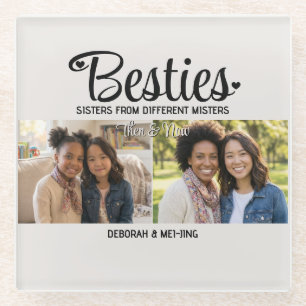 BESTIES Personalised 2 Photo Then Now Best Friends Glass Coaster