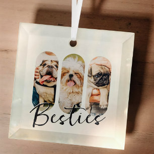Besties Pet Simple Modern Playful Three Photo Glass Tree Decoration