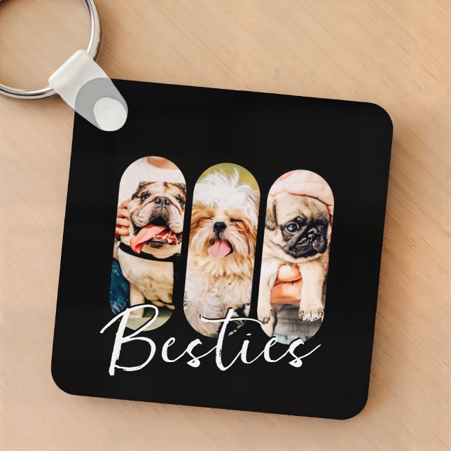 Besties Pet Simple Modern Playful Three Photo Key Ring (Creator Uploaded)