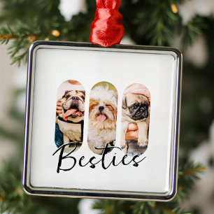 Besties Pet Simple Modern Playful Three Photo Metal Ornament