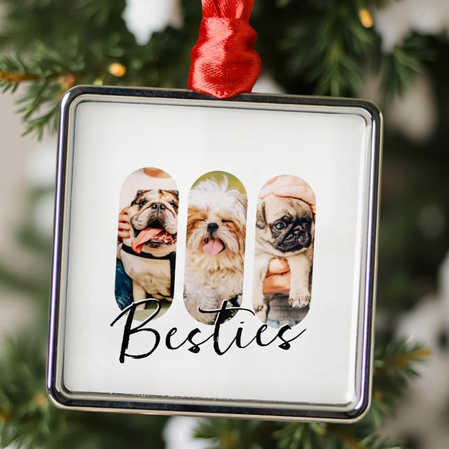 Besties Pet Simple Modern Playful Three Photo Metal Ornament (Creator Uploaded)