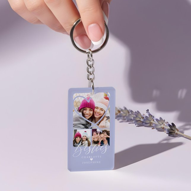 Besties Script BFFs Heart 3 Photo Grid Collage Key Ring (Besties Script BFFs Heart 3 Photo Grid Collage Keychain)