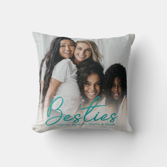Besties Teal Script Custom Photo Throw Pillow (Front)