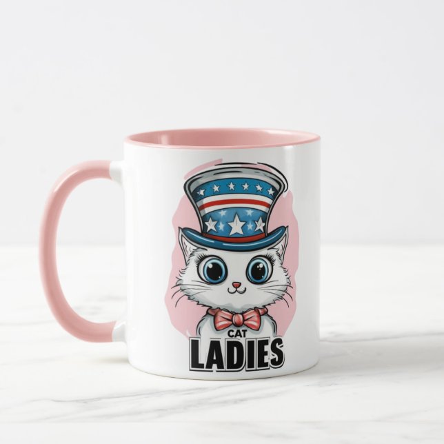 Bestselling Cat Lady for Kamala wearing Uncle Sam Mug (Left)