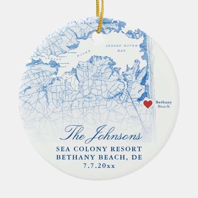 Bethany Beach DE Map Navy Wedding Photo Christmas Ceramic Ornament (Front)