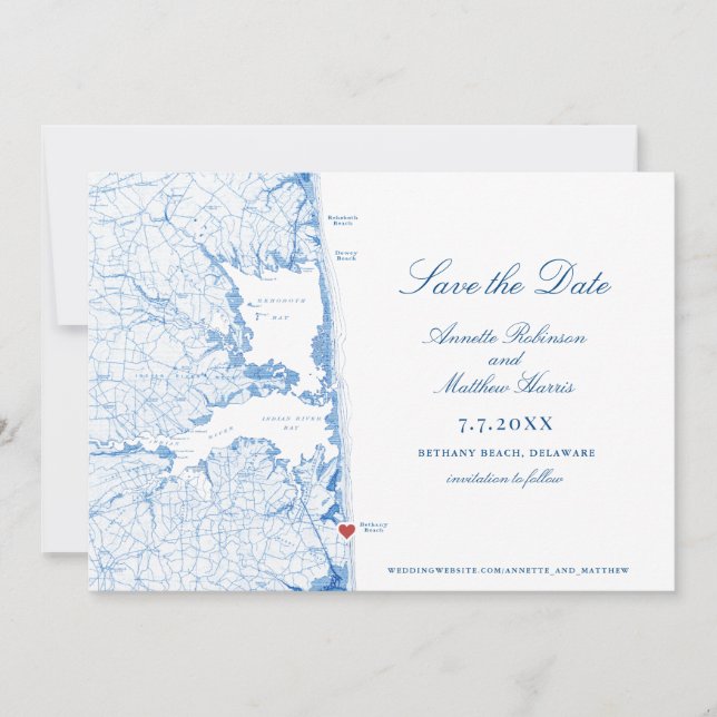 Bethany Beach Delaware Map Elegant Blue Wedding Save The Date (Front)