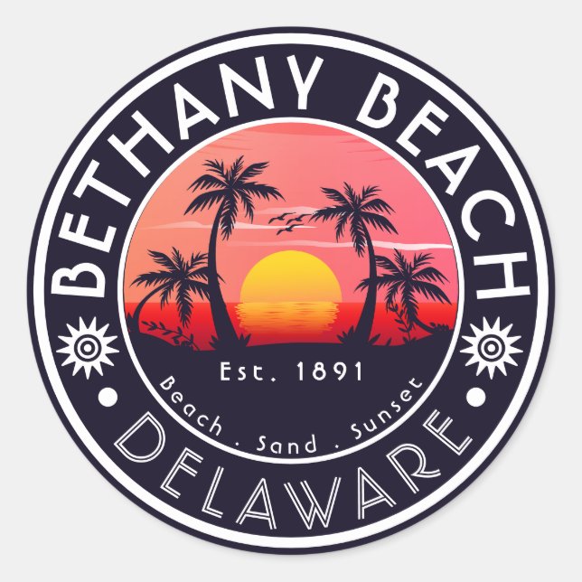 Bethany beach Delaware Sunset Beach Palm Tree 80s Classic Round Sticker (Front)
