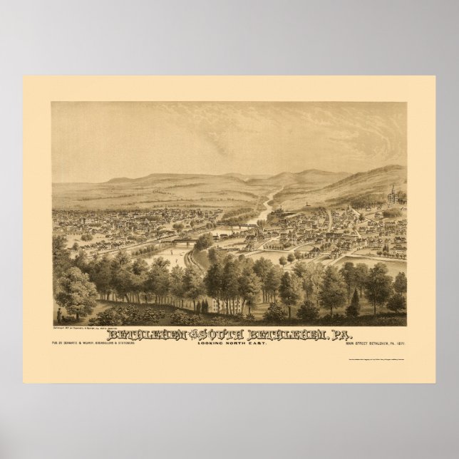Bethlehem & South Bethlehem, PA Panoramic Map 1877 Poster (Front)