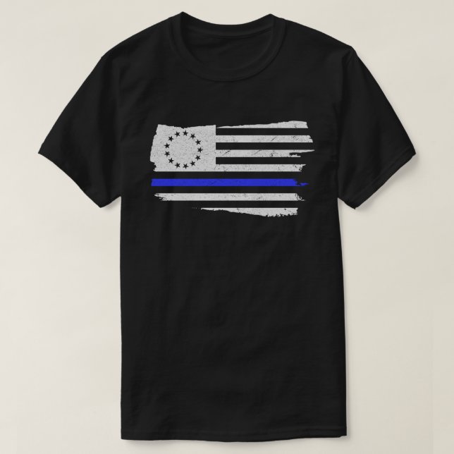 Betsy Ross Flag Thin Blue Line Police Support T-Shirt (Design Front)