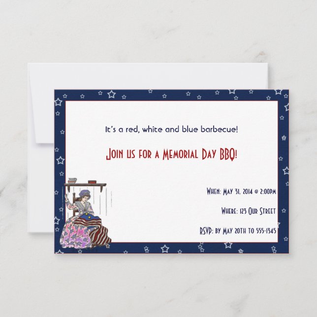 Betsy Ross Makes a Flag Memorial Day Party Invitation (Front)