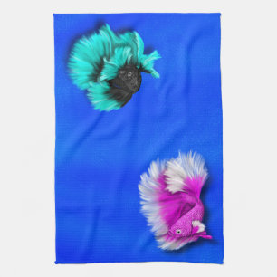 Betta Fish Duo, black & teal, white & pink Tea Towel