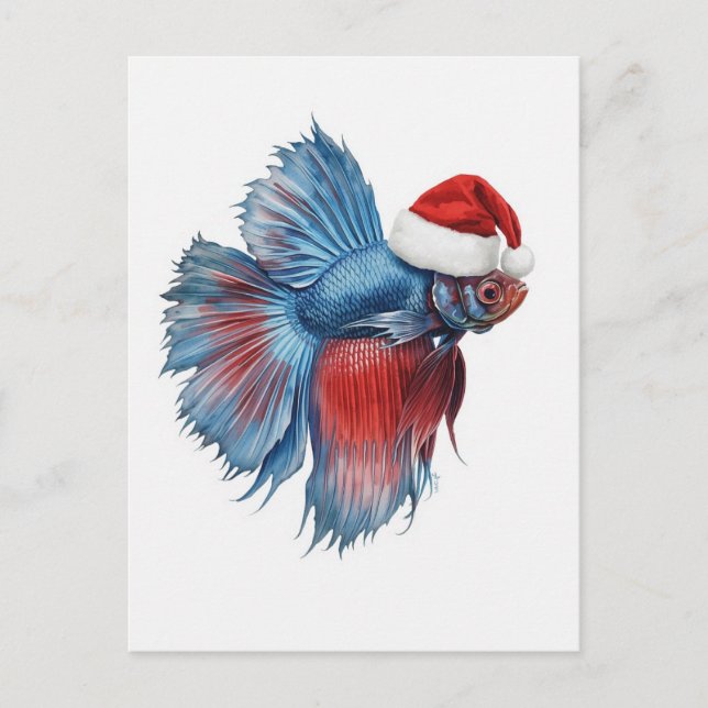 Betta Fish in Santa Hat Watercolor Xmas Holiday Postcard (Front)