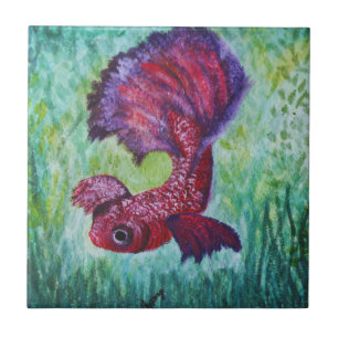 Betta fish watercolor contemporany art ceramic tile