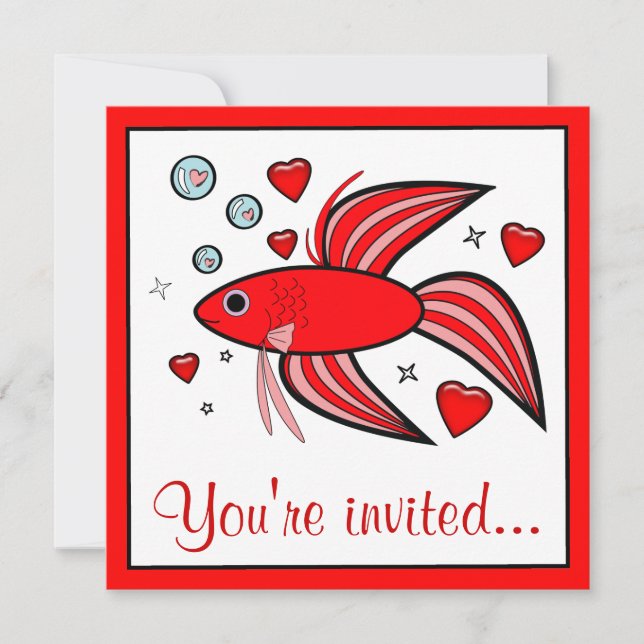 Betta Fish with Hearts Valentine's Party Invitation (Front)