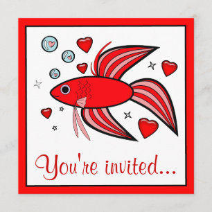Betta Fish with Hearts Valentine's Party Invitation