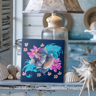 Betta Siamese Fighting Fish Lotus Waves Blue Ceramic Tile
