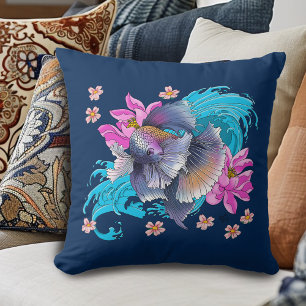 Betta Siamese Fighting Fish Lotus Waves Blue Cushion