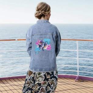 Betta Siamese Fighting Fish Lotus Waves Blue Denim Jacket