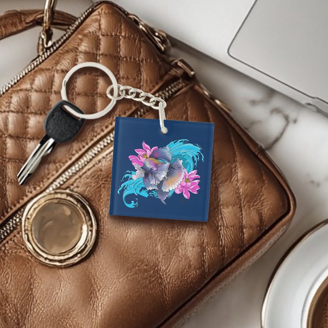 Betta Siamese Fighting Fish Lotus Waves Blue Key Ring (Creator Uploaded)