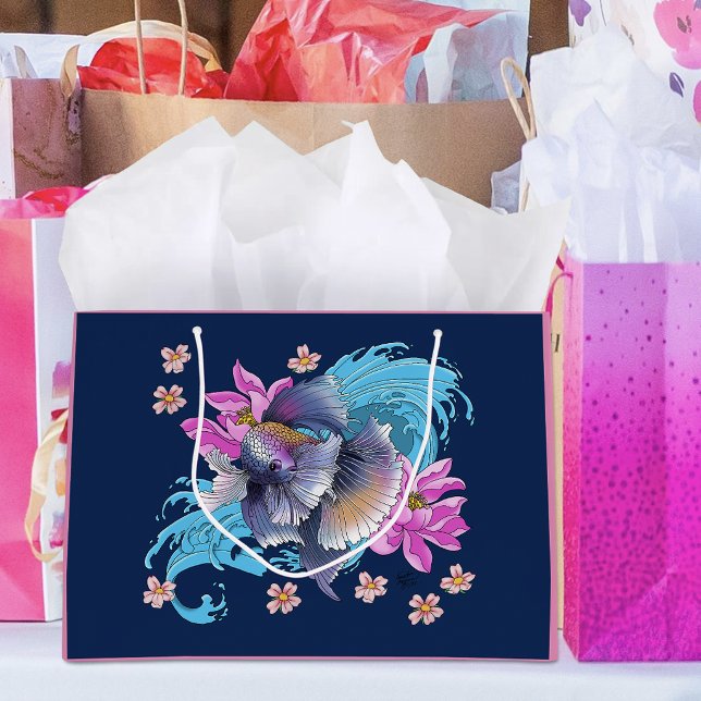  Betta Siamese Fighting Fish Lotus Waves Blue Large Gift Bag (Creator Uploaded)
