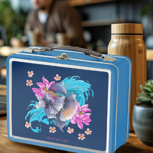 Betta Siamese Fighting Fish Lotus Waves Blue Metal Lunch Box