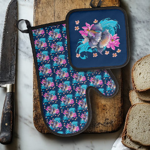Betta Siamese Fighting Fish Lotus Waves Blue Oven Mitt & Pot Holder Set
