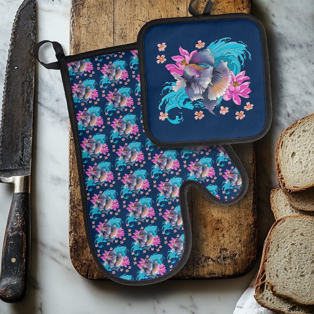 Betta Siamese Fighting Fish Lotus Waves Blue Oven Mitt & Pot Holder Set (Creator Uploaded)