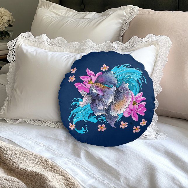 Betta  Siamese Fighting Fish Lotus Waves Blue Round Cushion (Creator Uploaded)