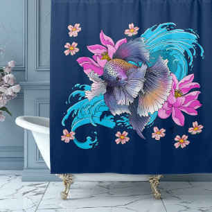 Betta Siamese Fighting Fish Lotus Waves Blue Shower Curtain