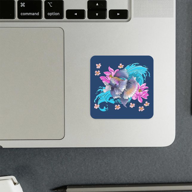Betta Siamese Fighting Fish Lotus Waves Blue Square Sticker (Creator Uploaded)