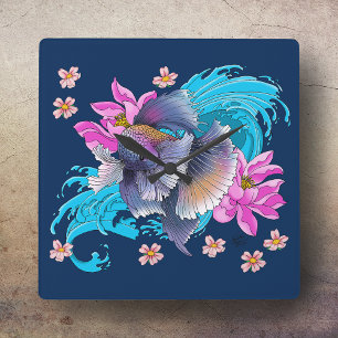 Betta Siamese Fighting Fish Lotus Waves Blue Square Wall Clock