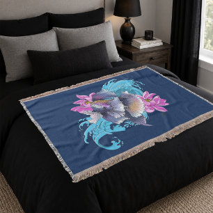 Betta Siamese Fighting Fish Lotus Waves Blue Throw Blanket